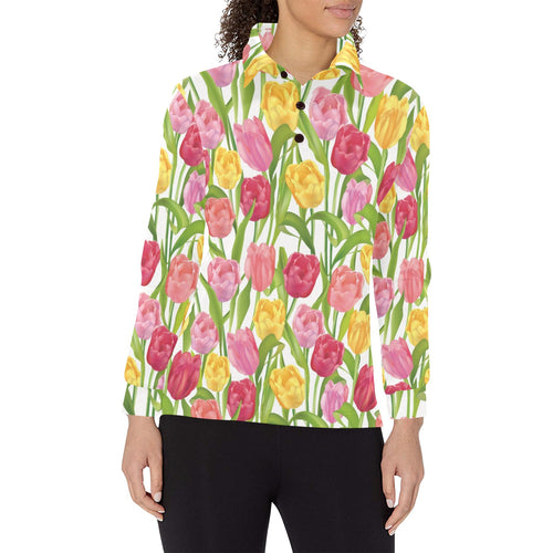 Pink Red Yellow Tulip Pattern Women's Long Sleeve Polo Shirt