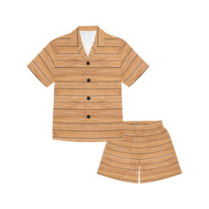 Wood Printed Pattern Print Design 04 Kids' Boys' Girls' V-Neck Short Pajama Set