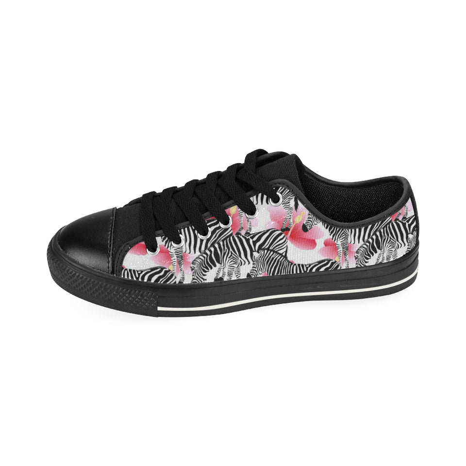 Zebra Red Hibiscus Pattern Men's Low Top Canvas Shoes Black
