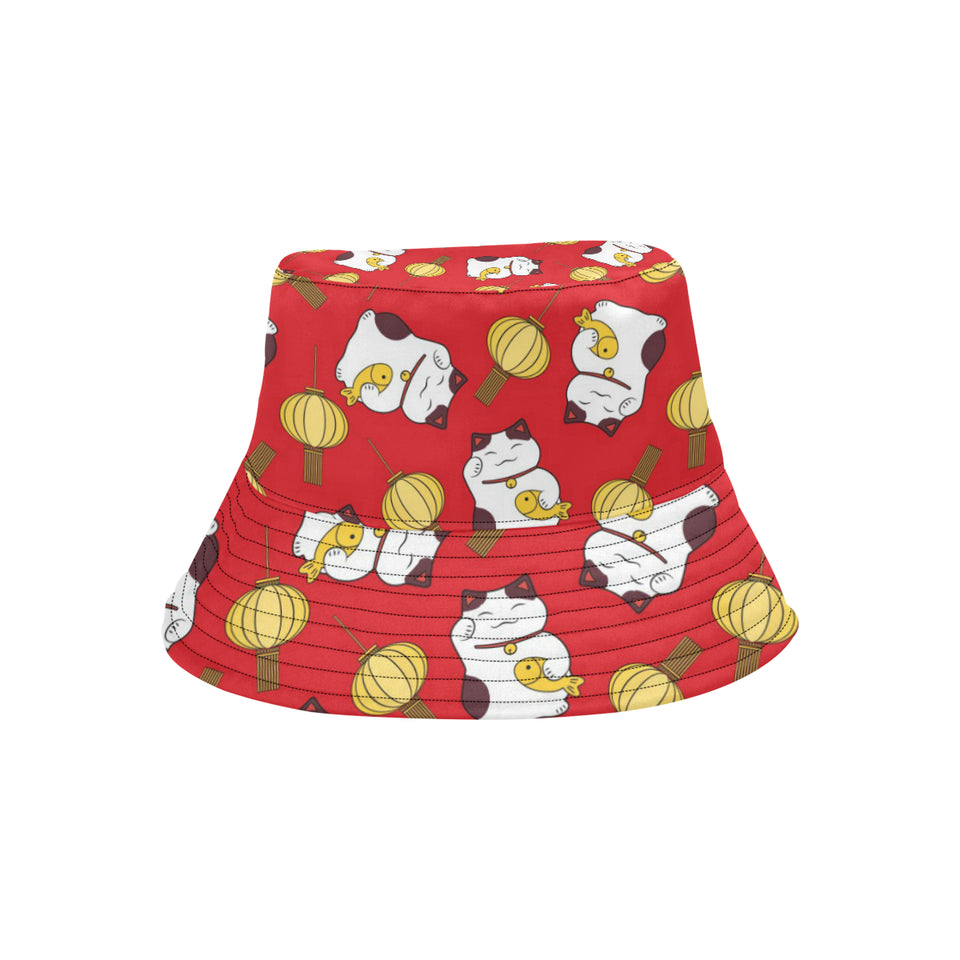 Meneki Neko Lucky Cat Pattern Red Theme Unisex Bucket Hat