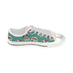 Suger Skull Pattern Green Background Women's Low Top Canvas Shoes White