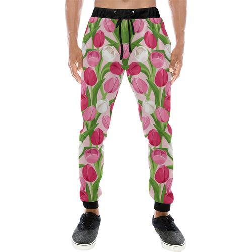 Pink White Tulip Pattern Unisex Casual Sweatpants