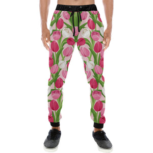 Pink White Tulip Pattern Unisex Casual Sweatpants