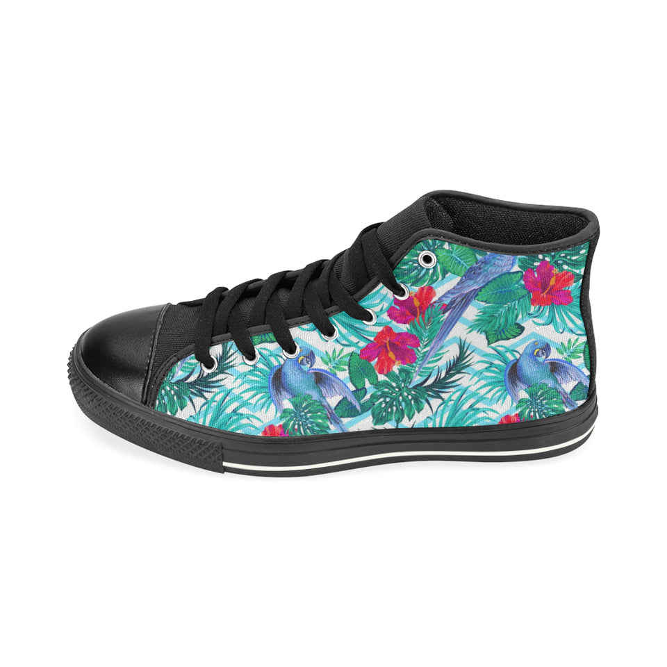 Blue Parrot Hibiscus Pattern Women's High Top Canvas Shoes Black