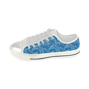 Dolphin Tribal Blue Pattern Women's Low Top Canvas Shoes White