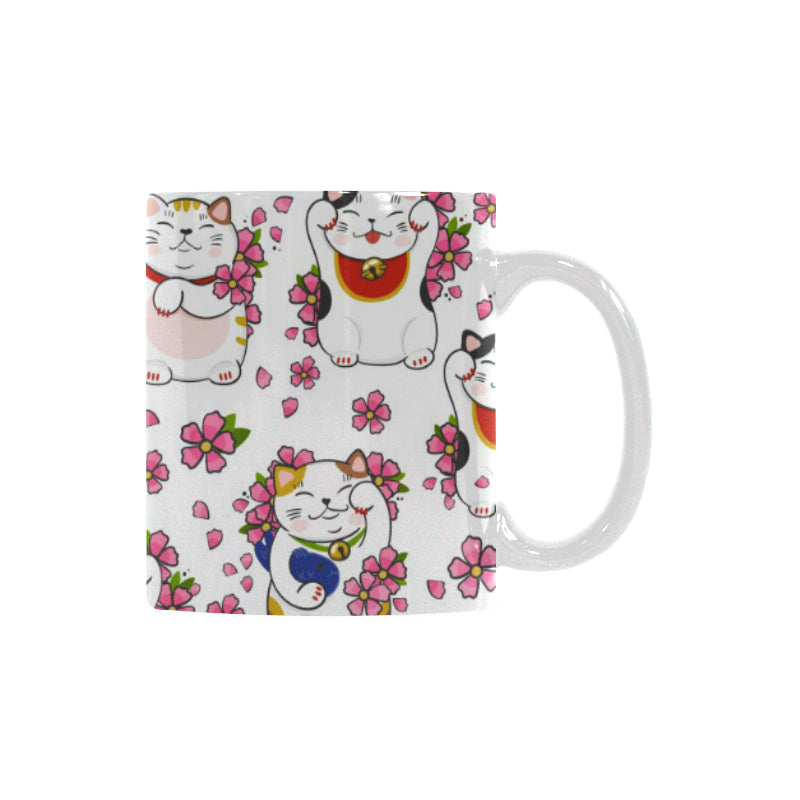 Meneki Neko Lucky Cat Sakura Flower Pattern Classical White Mug (FulFilled In US)