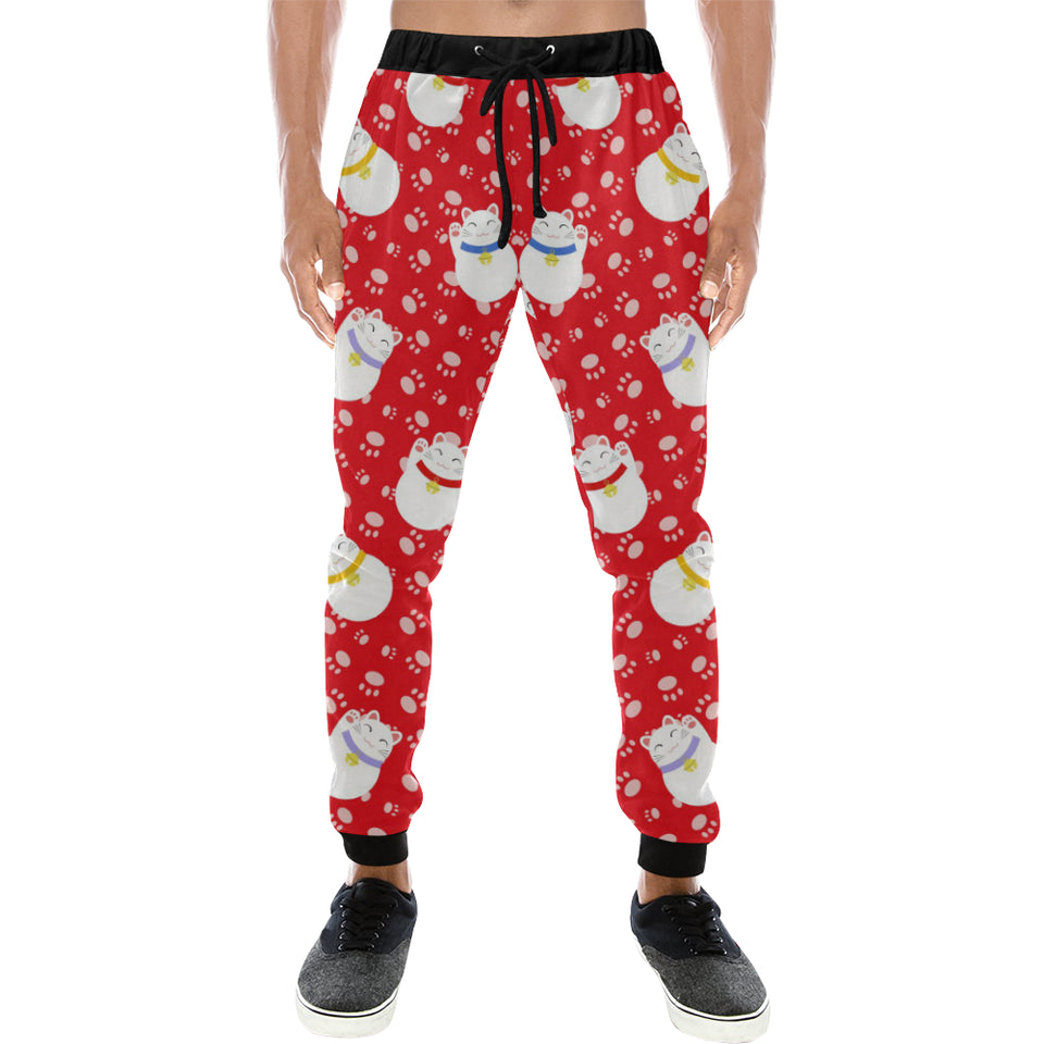 Meneki Neko Lucky Cat Pattern Red Background Unisex Casual Sweatpants