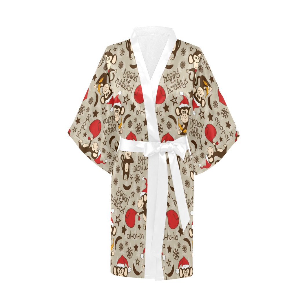 Monkey Christmas Pattern Women's Short Kimono Robe