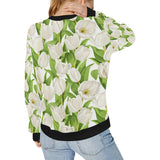 White Tulip Pattern Women's Crew Neck Sweatshirt