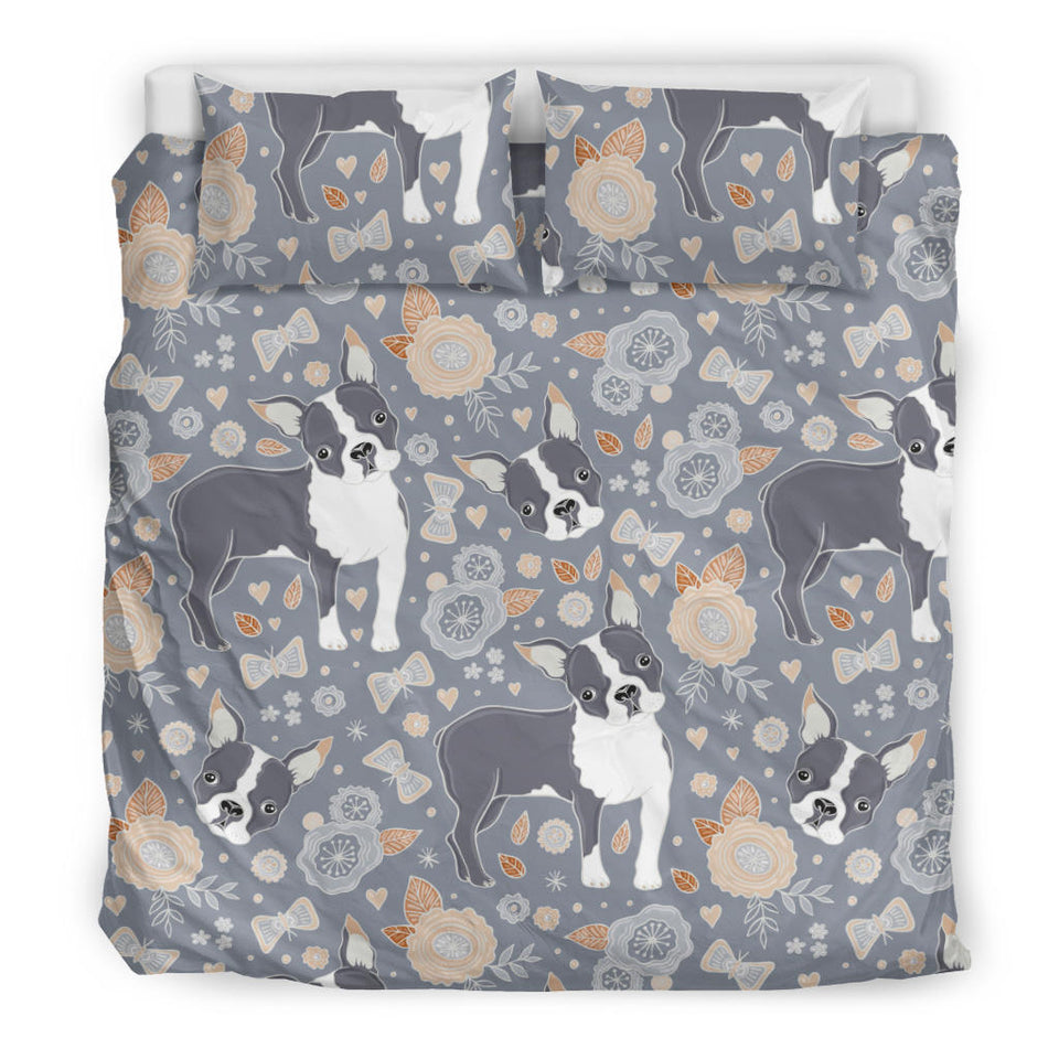 Boston Terrier Flower Pattern Gray Background Bedding Set