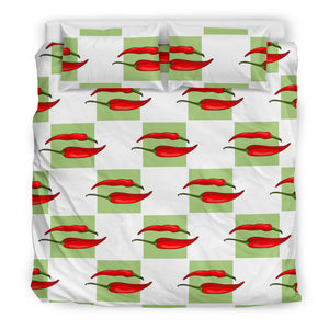 Red Chili Pattern Green White background Bedding Set