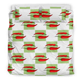 Red Chili Pattern Green White background Bedding Set