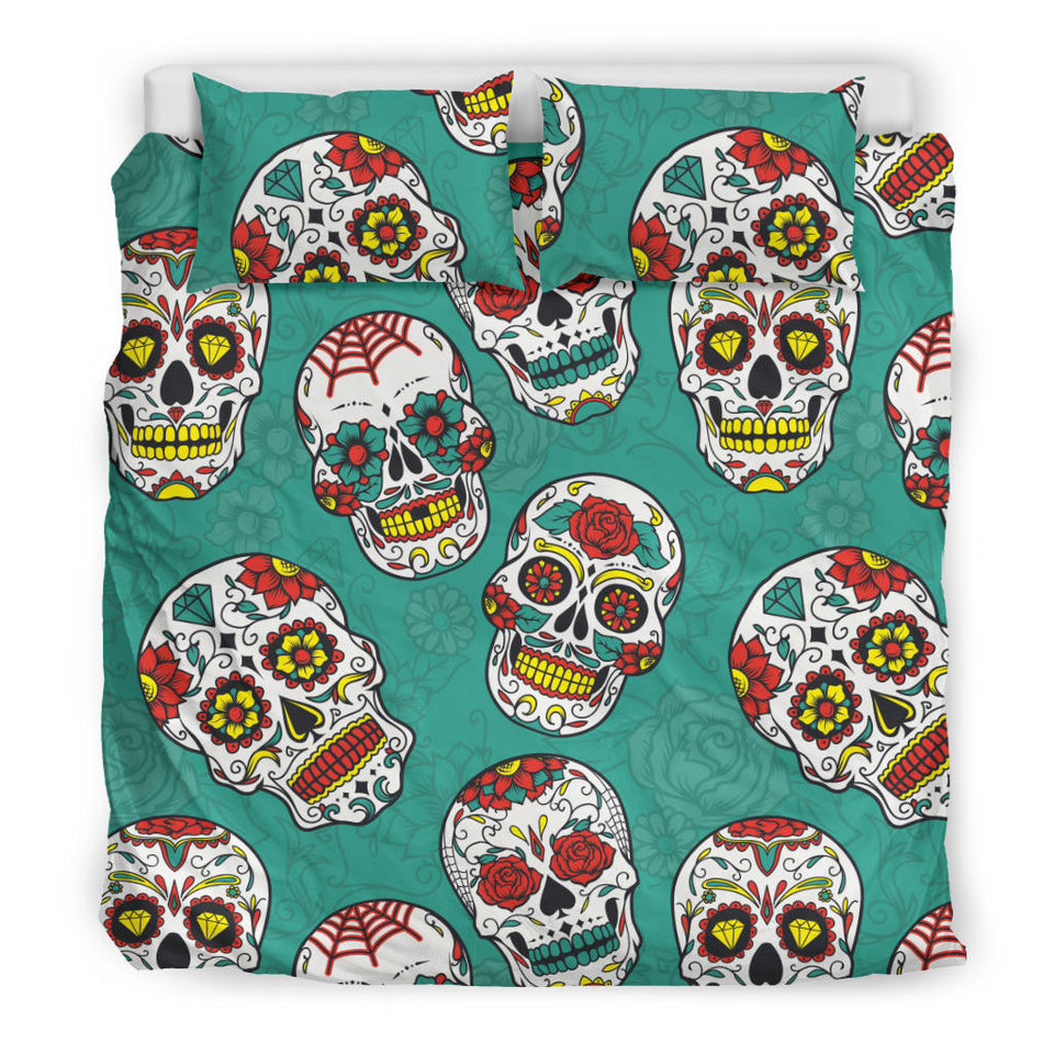 Suger Skull Pattern Green Background Bedding Set