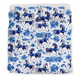 Horse Flower Blue Theme Pattern Bedding Set