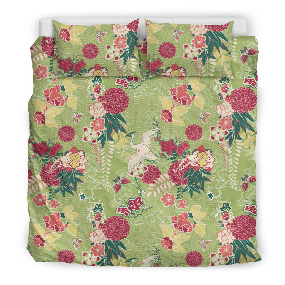 Japanese Crane Green Theme Pattern Bedding Set