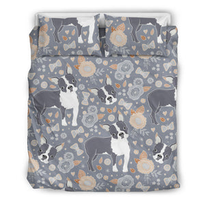 Boston Terrier Flower Pattern Gray Background Bedding Set