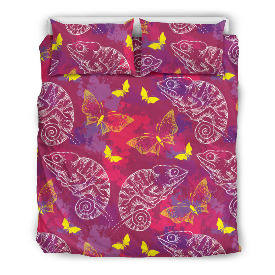 Pink Chameleon Lizard Butterfly Pattern Bedding Set