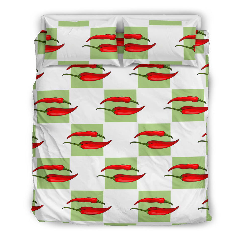 Red Chili Pattern Green White background Bedding Set