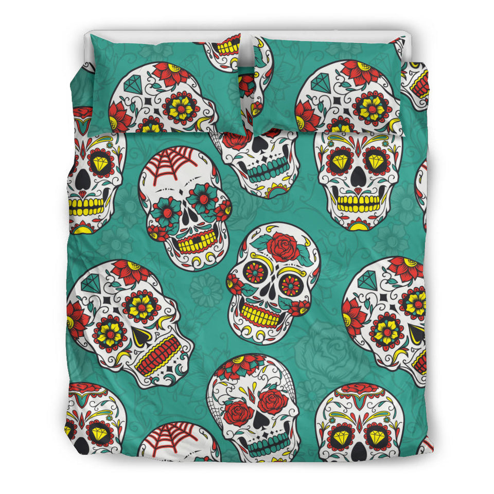 Suger Skull Pattern Green Background Bedding Set