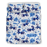 Horse Flower Blue Theme Pattern Bedding Set