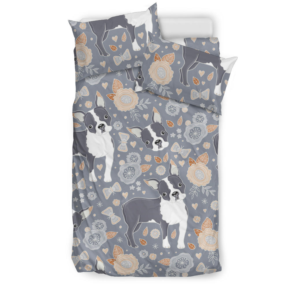 Boston Terrier Flower Pattern Gray Background Bedding Set