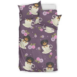 Dachshund in Coffee Cup Flower Pattern Bedding Set