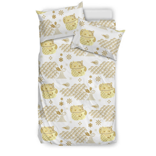 Gold Meneki Neko Lucky Cat Pattern Bedding Set