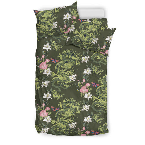 Green Dragon Rose Flower Pattern Bedding Set