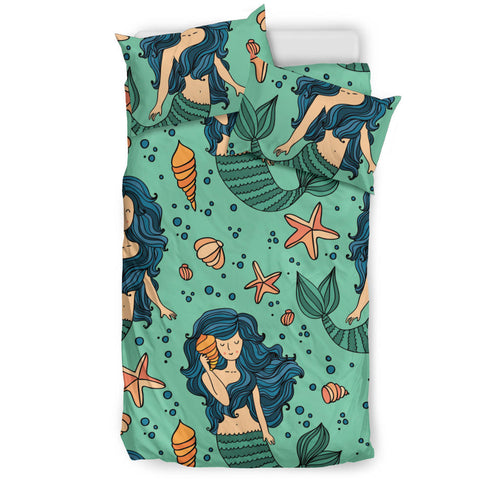 Mermaid Pattern Green Background Bedding Set