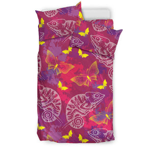 Pink Chameleon Lizard Butterfly Pattern Bedding Set