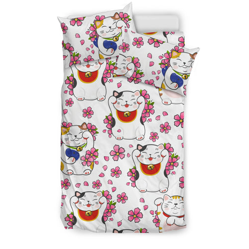 Meneki Neko Lucky Cat Sakura Flower Pattern Bedding Set