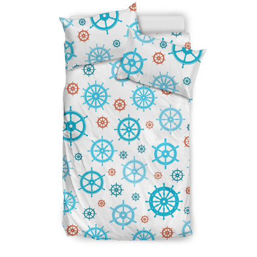 Nautical Steering Wheel Rudder Pattern Background Bedding Set