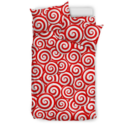 Red and White Candy Spiral Lollipops Pattern Bedding Set