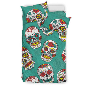 Suger Skull Pattern Green Background Bedding Set