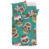 Suger Skull Pattern Green Background Bedding Set