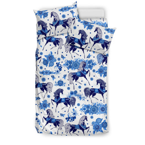 Horse Flower Blue Theme Pattern Bedding Set