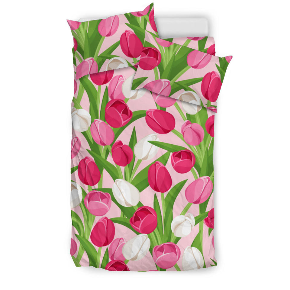 Pink White Tulip Pattern Bedding Set