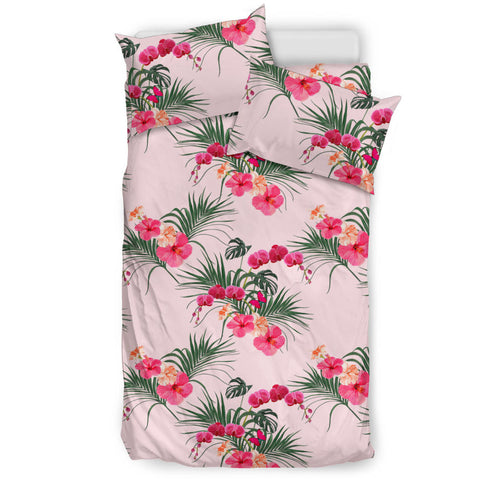 Red Pink Orchid Hibiscus Pattern Bedding Set