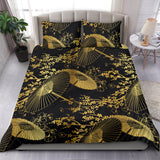 Gold Fan Flower Japanese Pattern Bedding Set-Black