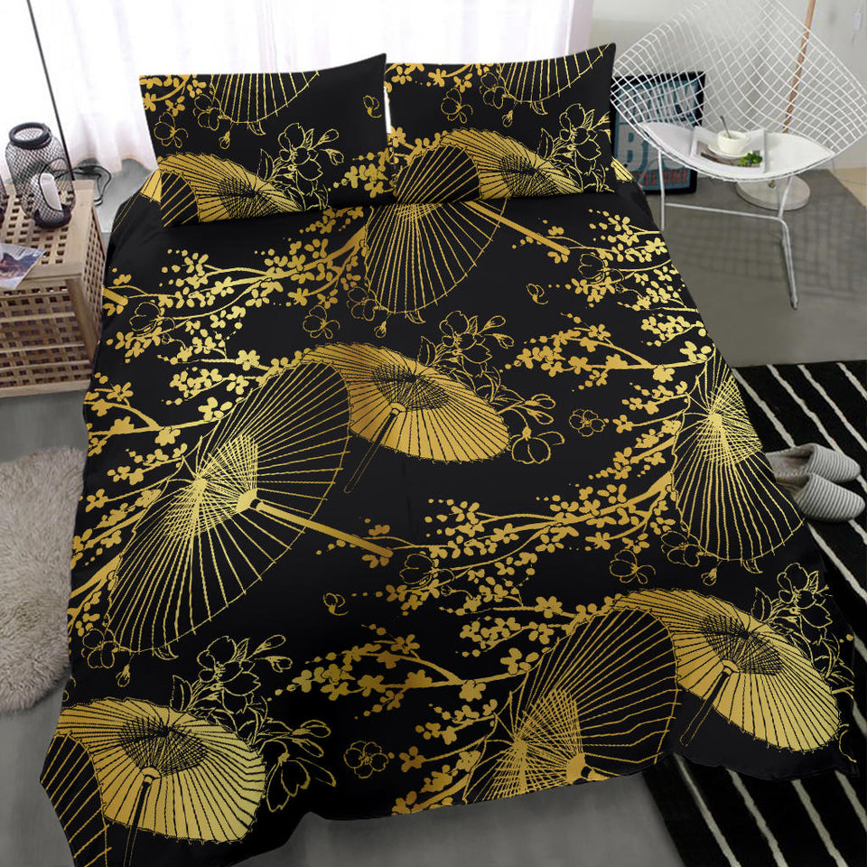Gold Fan Flower Japanese Pattern Bedding Set-Black