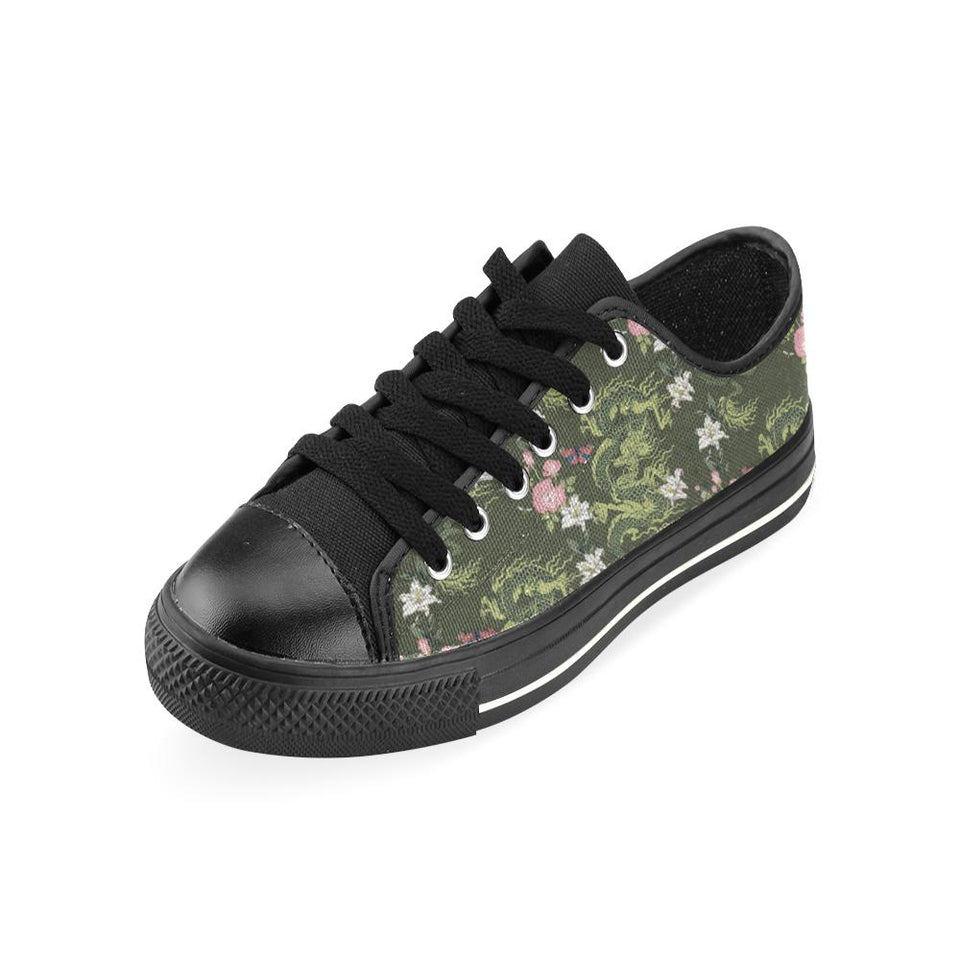 Green Dragon Rose Flower Pattern Kids' Boys' Girls' Low Top Canvas Shoes Black