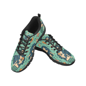 Mermaid Pattern Green Background Men's Sneakers Black