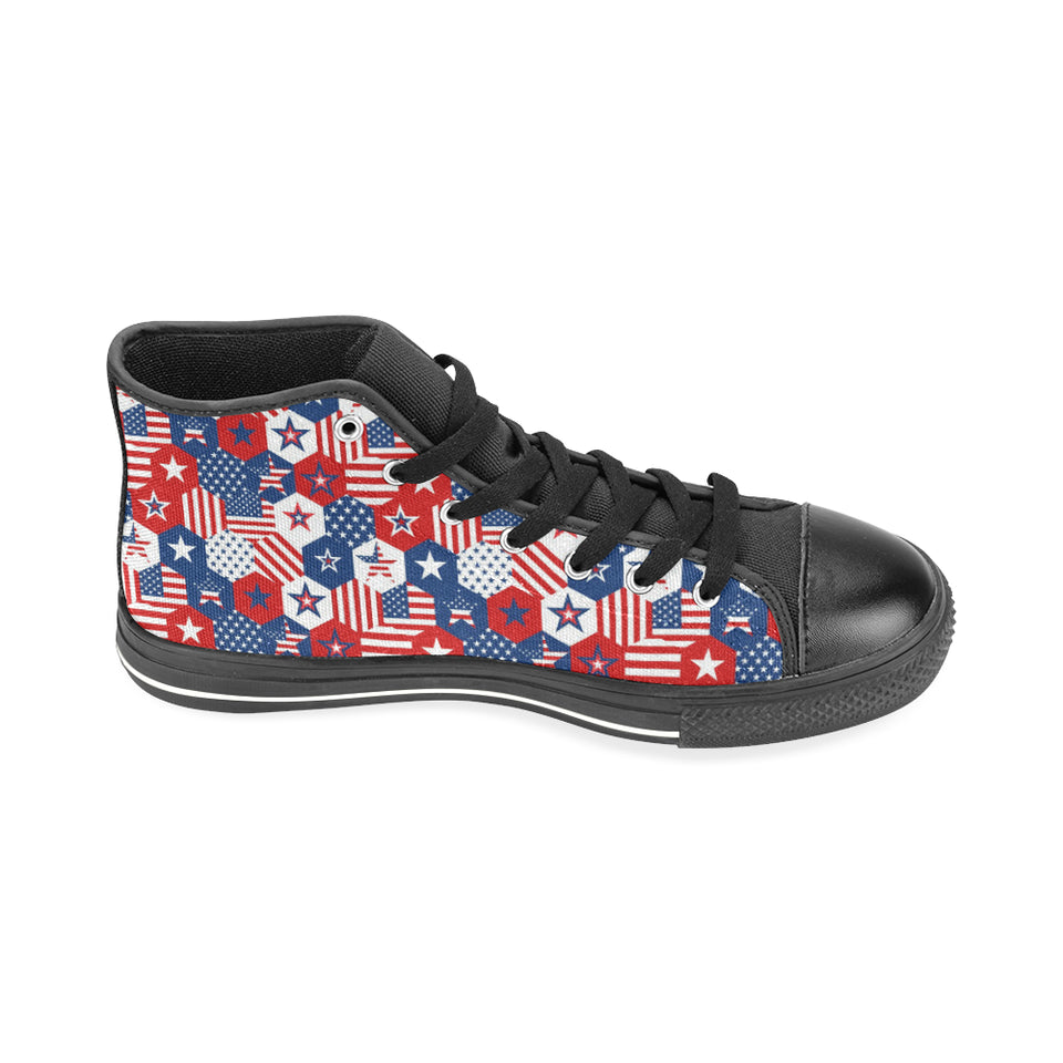 USA Star Hexagon Pattern Men's High Top Canvas Shoes Black