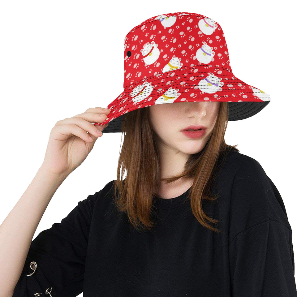 Meneki Neko Lucky Cat Pattern Red Background Unisex Bucket Hat