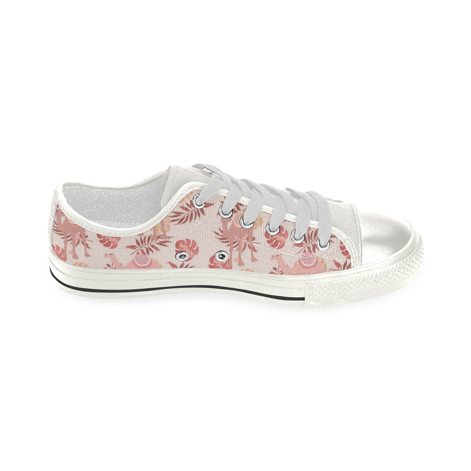 Pink Camel Leaves Pattern Women's Low Top Canvas Shoes White