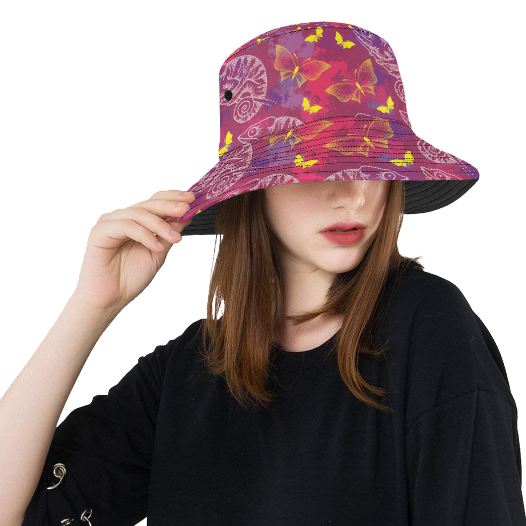 Pink Chameleon Lizard Butterfly Pattern Unisex Bucket Hat