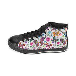 Colorful Butterfly Flower Pattern Women's High Top Canvas Shoes Black
