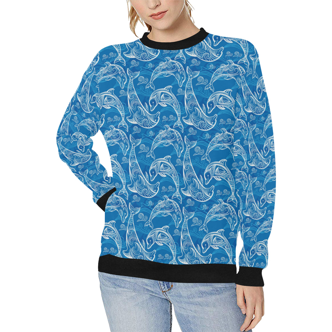 Dolphin Tribal Blue Pattern Women's Crew Neck Sweatshirt