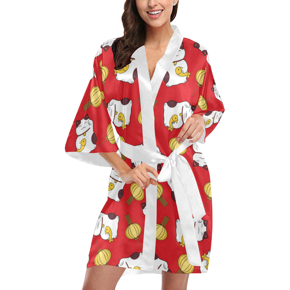 Meneki Neko Lucky Cat Pattern Red Theme Women's Short Kimono Robe