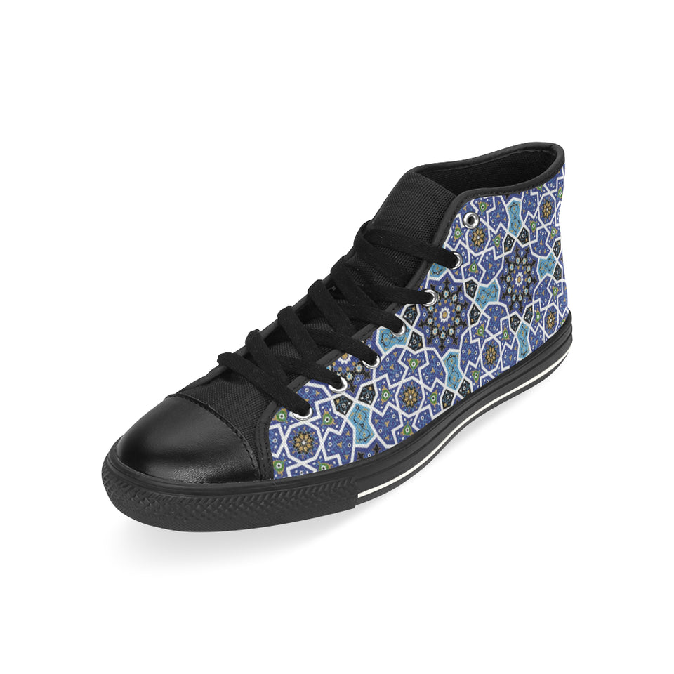 Blue Arabic Morocco Pattern Men's High Top Canvas Shoes Black